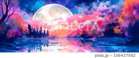 the moon rises over the landscape, the picture is drawn with watercolors, banner 106427082