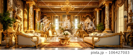 luxurious interior with artistic furniture decorated with gold, banner 106427083