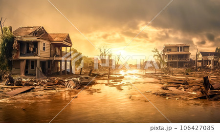 City destroyed by storm and rain at sunset, flood and natural disaster City destroyed by storm and rain at sunset, flood and natural disaster 106427085