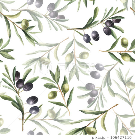 Seamless watercolor pattern with green and black olives. Hand painted illustration with olive branches and leaves isolated on white background. For design, print and fabric, wallpaper 106427110