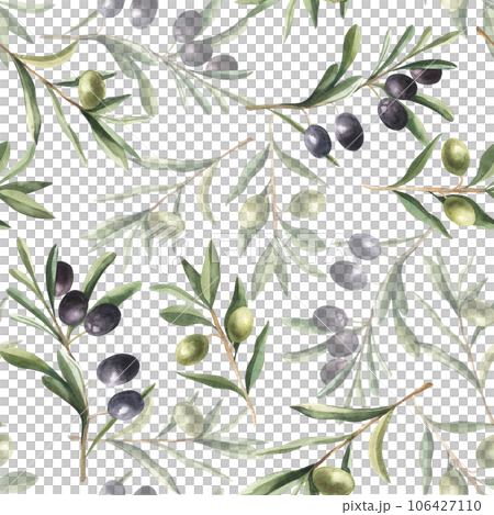 Seamless watercolor pattern with green and black olives. Hand painted illustration with olive branches and leaves isolated on white background. For design, print and fabric, wallpaper 106427110