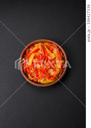 Delicious fresh saute sweet bell pepper slices with onion, salt, spices and herbs Delicious fresh saute sweet bell pepper slices with onion, salt, spices and herbs 106427336