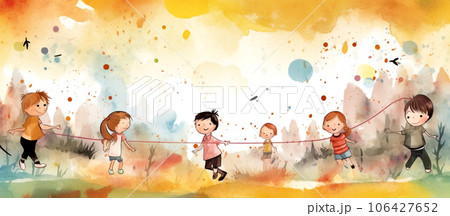 Group of happy cute smiling kids on a colorful background. World children's day. Generative AI Group of happy cute smiling kids on a colorful background. World children's day. Generative AI 106427652