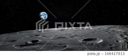 Panorama of the moon surface with Earth rising...のイラスト素材 [106427813 ...