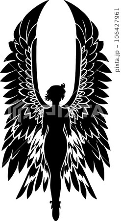 black and white graphic drawing angel, girl with wings, design black and white graphic drawing angel, girl with wings, design 106427961