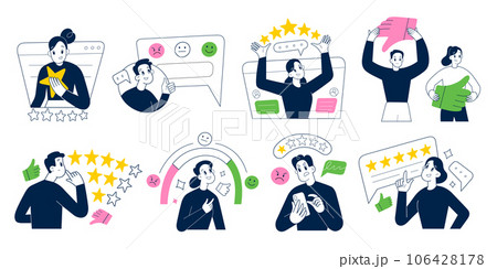 People leave feedback, users write reviews in mobile applications, comment on social media, rate services, 5 stars rating, vector illustrations 106428178