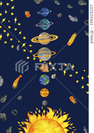 Watercolor cosmos poster with planets of the solar system mercury, venus, earth, mars, jupiter, saturn, uranus, neptune and luna with stars, comets and asteroids. Cosmos astronomy illustration. Hand 106428207