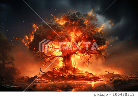 A huge old tree is burning, damaged by wildfires. 106428315