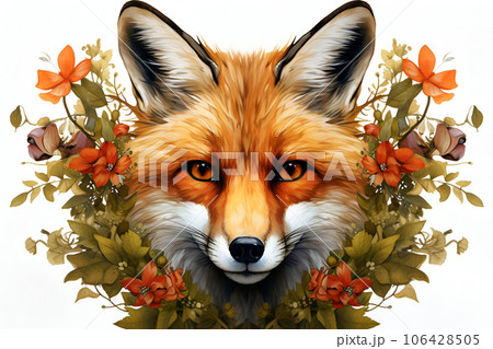 A cute fox and flowers. Illustration 106428505