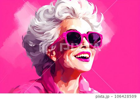 Happy old woman with pink sunglasses, wrinkled skin, portrait on pink background. Concept about lifestyle, seniority and elderly people Happy old woman with pink sunglasses, wrinkled skin, portrait on pink background. Concept about lifestyle, seniority and elderly people 106428509