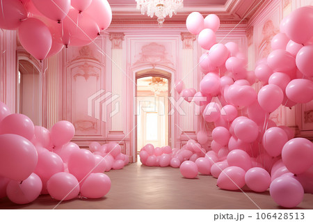 Room decorated with pink balloons 106428513