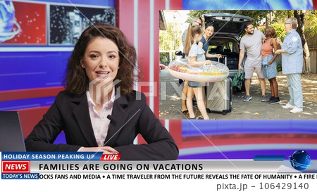 News reporter presents summer vacations on live television, showing footage of families enjoying holidays in the sun and roadtrips. Woman newscaster covering leisure activities topic. News reporter presents summer vacations on live television, showing footage of families enjoying holidays in the sun and roadtrips. Woman newscaster covering leisure activities topic. 106429140