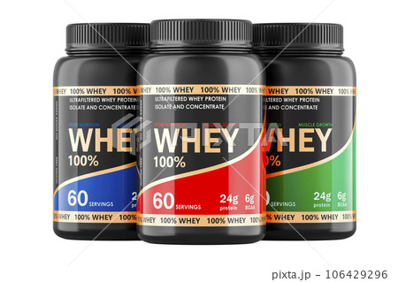 Set of Whey Protein Powder Jars, 3D rendering Set of Whey Protein Powder Jars, 3D rendering 106429296