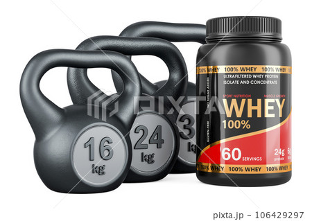 Sport Nutrition Containers And Kettlebells, 3D rendering Sport Nutrition Containers And Kettlebells, 3D rendering 106429297
