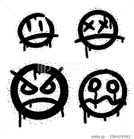 Graffiti grunge face. Cartoon aerosol fun expression. Spray funky paint art with leak and dot. Street art and urban vandalism symbol. Black grungy spill character isolated on white Graffiti grunge face. Cartoon aerosol fun expression. Spray funky paint art with leak and dot. Street art and urban vandalism symbol. Black grungy spill character isolated on white 106429362