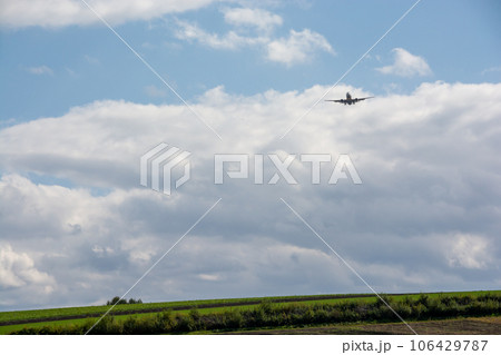 緑の畑作地帯を飛ぶジェット旅客機 106429787
