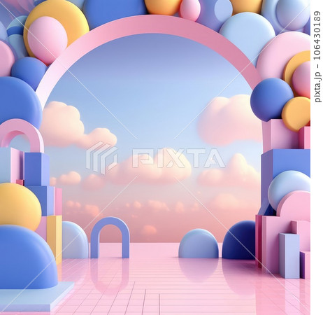 Minimalistic scene of multi-colored 3D primitives 106430189