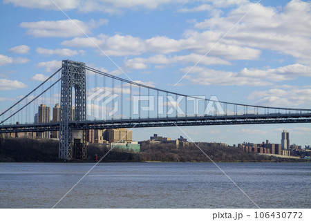 Hudson River Park in New Jersey, view to New York City in sunny spring day Hudson River Park in New Jersey, view to New York City in sunny spring day 106430772