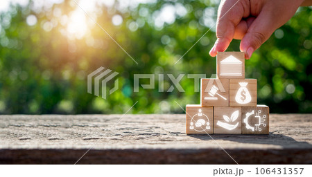 Pestel concept, Man hand holding wooden block with pestel icon on virtual screen. Pestel concept, Man hand holding wooden block with pestel icon on virtual screen. 106431357