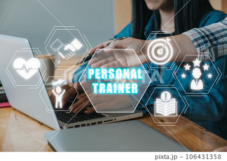 Personal trainer concept, Business team working on laptop computer with personal trainer icon on virtual screen. Personal trainer concept, Business team working on laptop computer with personal trainer icon on virtual screen. 106431358
