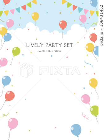 爽やかな青空に舞う風船とガーランドと紙吹雪。賑やかなパーティセット 106431462