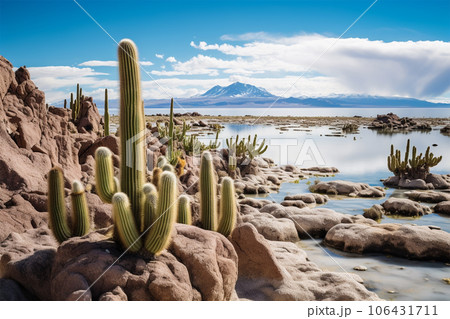 ウユニ塩湖とサボテン 106431711