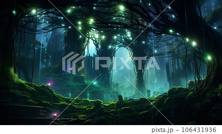 Ethereal Nexus: Glowing Vines and Roots Uniting the Techno Jungle Realms 106431936