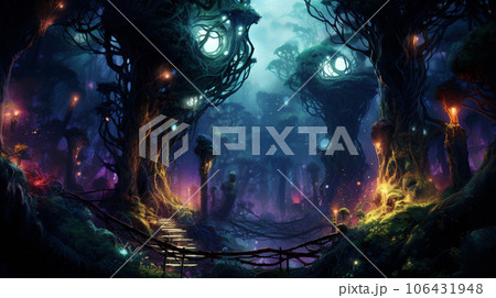 Ethereal Nexus: Glowing Vines and Roots Uniting the Techno Jungle Realms 106431948
