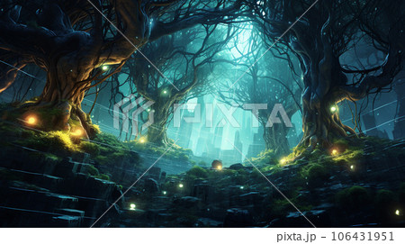 Ethereal Nexus: Glowing Vines and Roots Uniting the Techno Jungle Realms 106431951