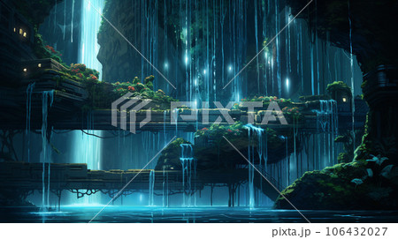 Luminescent Cascade: Techno Jungle's Enchanted Waterfall 106432027