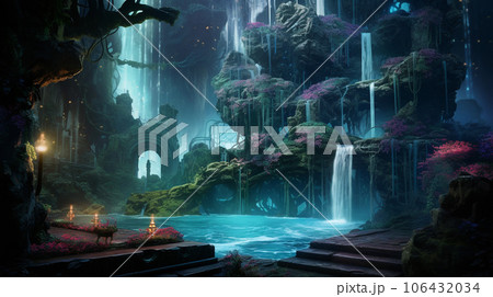 Luminescent Cascade: Techno Jungle's Enchanted Waterfall 106432034