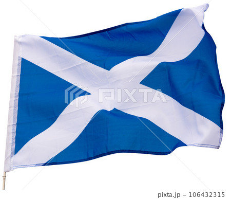 Flag of Scotland flutters on flagpole 106432315