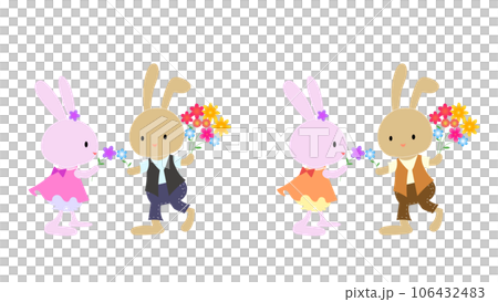 A cute rabbit couple giving a bouquet of flowers on a date 106432483