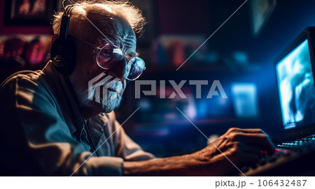 DJ・アーティスト・音楽・オンラインゲーム・ストリーミング・オンデマンドを楽しむ白人の高齢者男性 DJ・アーティスト・音楽・オンラインゲーム・ストリーミング・オンデマンドを楽しむ白人の高齢者男性 106432487