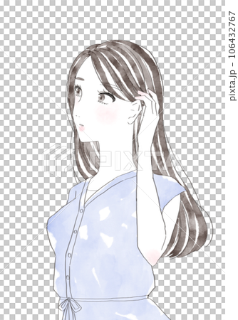 有她的頭髮的一名婦女在她的耳朵 106432767