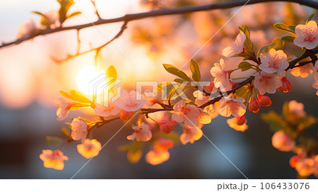夕日に輝く桜の枝 夕日に輝く桜の枝 106433076
