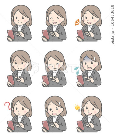 スマホを操作する若い女性の表情セット（スーツ） 106433619