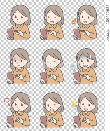 Facial expression set of a young woman who operates a smartphone (plain clothes) Facial expression set of a young woman who operates a smartphone (plain clothes) 106433622