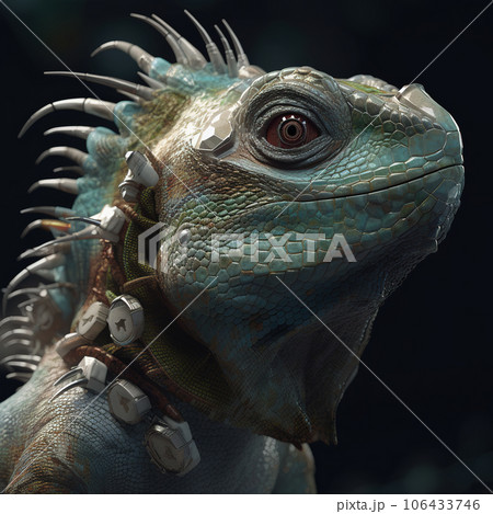 An iguana head that is a futuristic machine of the future world. Reptile. Wildlife Animals. Illustration, Generative AI. 106433746