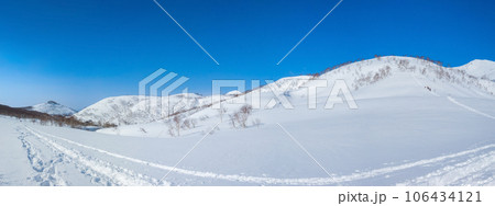 [パノラマ] 広大な雪原に残る滑走跡と足跡 (北海道、倶知安町、イワオヌプリ登山口周辺) 106434121