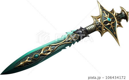 Emerald-Hued 3D Illustration of Fantasy Sword on Isolated White background Emerald-Hued 3D Illustration of Fantasy Sword on Isolated White background 106434172