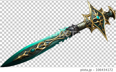 Emerald-Hued 3D Illustration of Fantasy Sword on Isolated White background Emerald-Hued 3D Illustration of Fantasy Sword on Isolated White background 106434172