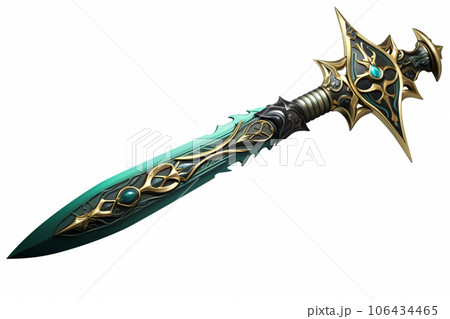 Emerald-Hued 3D Illustration of Fantasy Sword on Isolated White background 106434465