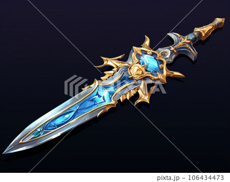Intricate 3D Render of Fantasy Sword with Luxurious Blue and Gold Motif 106434473
