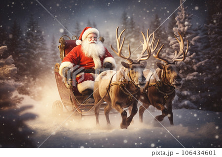 Reindeers pulling Santa Claus sleigh in winterのイラスト素材