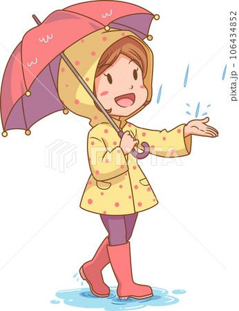 Cartoon character of girl wearing raincoat with umbrella. 106434852