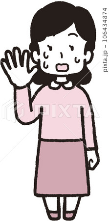 右手で5本指をして汗を出して慌てている女性の全身イラスト 106434874