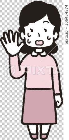 右手で5本指をして汗を出して慌てている女性の全身イラスト 106434874