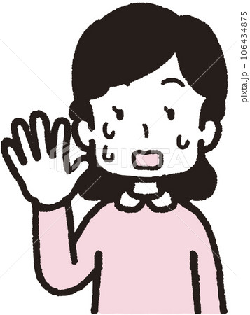 右手で5本指をして汗を出して慌てている女性の上半身イラスト 106434875