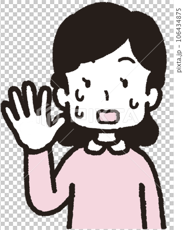 右手で5本指をして汗を出して慌てている女性の上半身イラスト 106434875